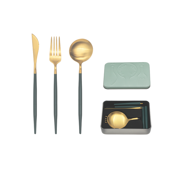 Portable Cutlery aus hochwertigem Edelstahl - gold-grün