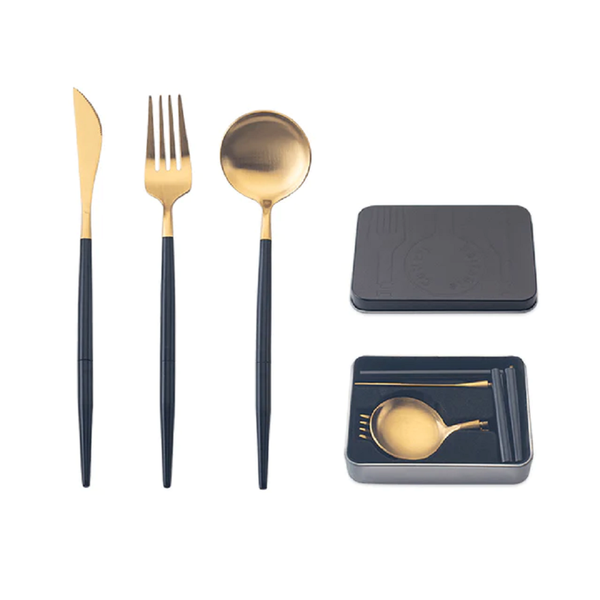 Portable Cutlery aus hochwertigem Edelstahl - schwarz-gold